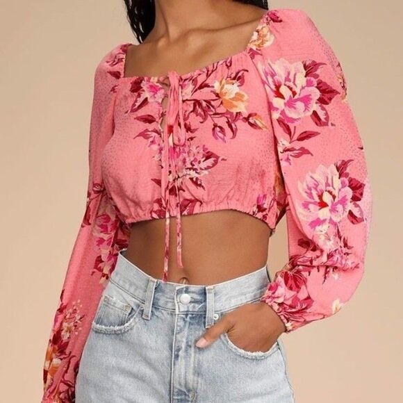 NWT Lulus Cheerful Disposition Pink Floral Print Lace-Up Crop Top Size Small - Picture 5 of 11